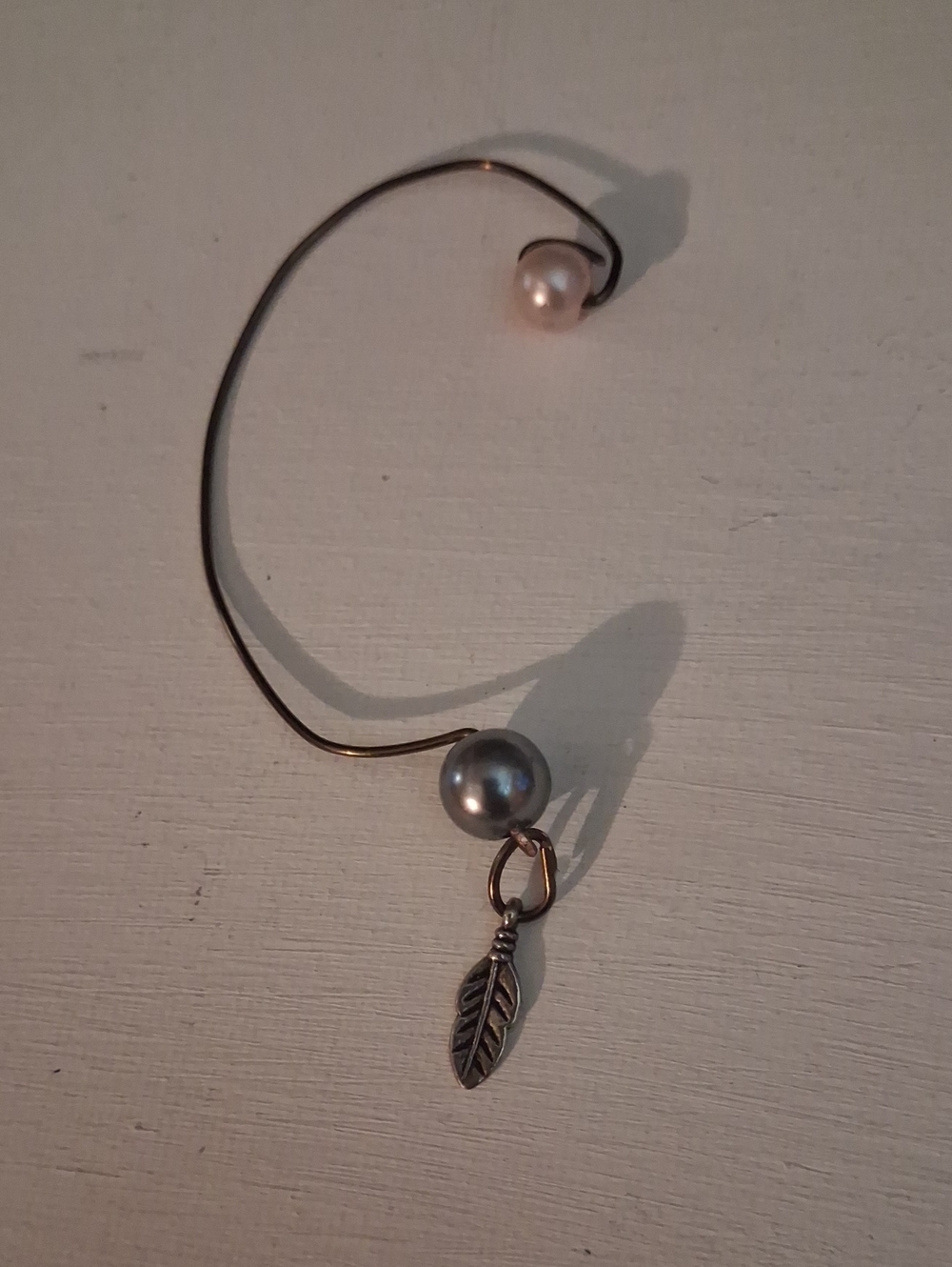 Elegant Copper Pearl Ear Cuff with Silver Leaf Charm - By Creative Soul Vibes